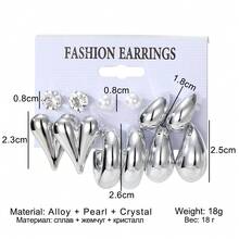 12件套 2026款水钻珍珠3D心形及水滴形C形耳环，简约优雅奢华设计，适合日常佩戴 - 銀色 - 查看 4