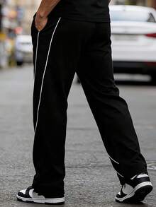 American Streetwear Style Drawstring Wide Leg Pants, Loose Straight Casual Knit Trousers With Side Contrast Stripes - Black - View 6