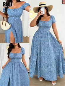 RNU 大码女士优雅蓝色碎花梭织面料长款连衣裙，泡泡袖，系带前襟设计，松紧腰身，系带细节，褶皱，开衩下摆设计，适合度假、夏季、春季、海滩、约会、外出、显瘦、时尚百搭、派对、浪漫约会等场合。蓝色碎花长款连衣裙，时尚单品，春夏新品，短袖长款连衣裙 - 彩色 - 查看 8