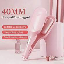 40毫米卷发棒/波浪卷发器 - 沙滩波浪卷发棒，深波浪卷发工具，陶瓷三筒设计，四档温度调节，女士适用，防烫伤，易于使用，非常适合作为母亲节礼物，完美的母亲节礼物，米色、粉色和紫色 - 彩色 - 查看 2