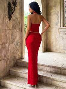 Conjunto de top de tirantes rojo elegante y falda larga para mujer, conjunto de 2 piezas texturizado minimalista, atuendo elegante para invitada de boda primaveral, vestimenta casual madura para vacaciones - Rojo - Ver 2