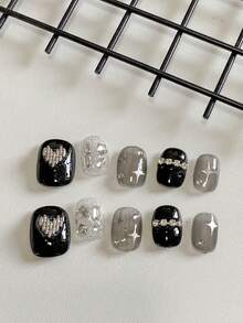 10pcs Black Grey Gradient Star Rhinestone Press On Nails | Edgy Y2K Style False Nails Set For Daily & Party Wear - Multicolor - View 9