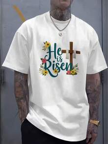 T-shirt à imprimé floral et croix de Pâques DXZ302 pour homme, col rond, manches courtes, style décontracté - Blanc - Voir 1