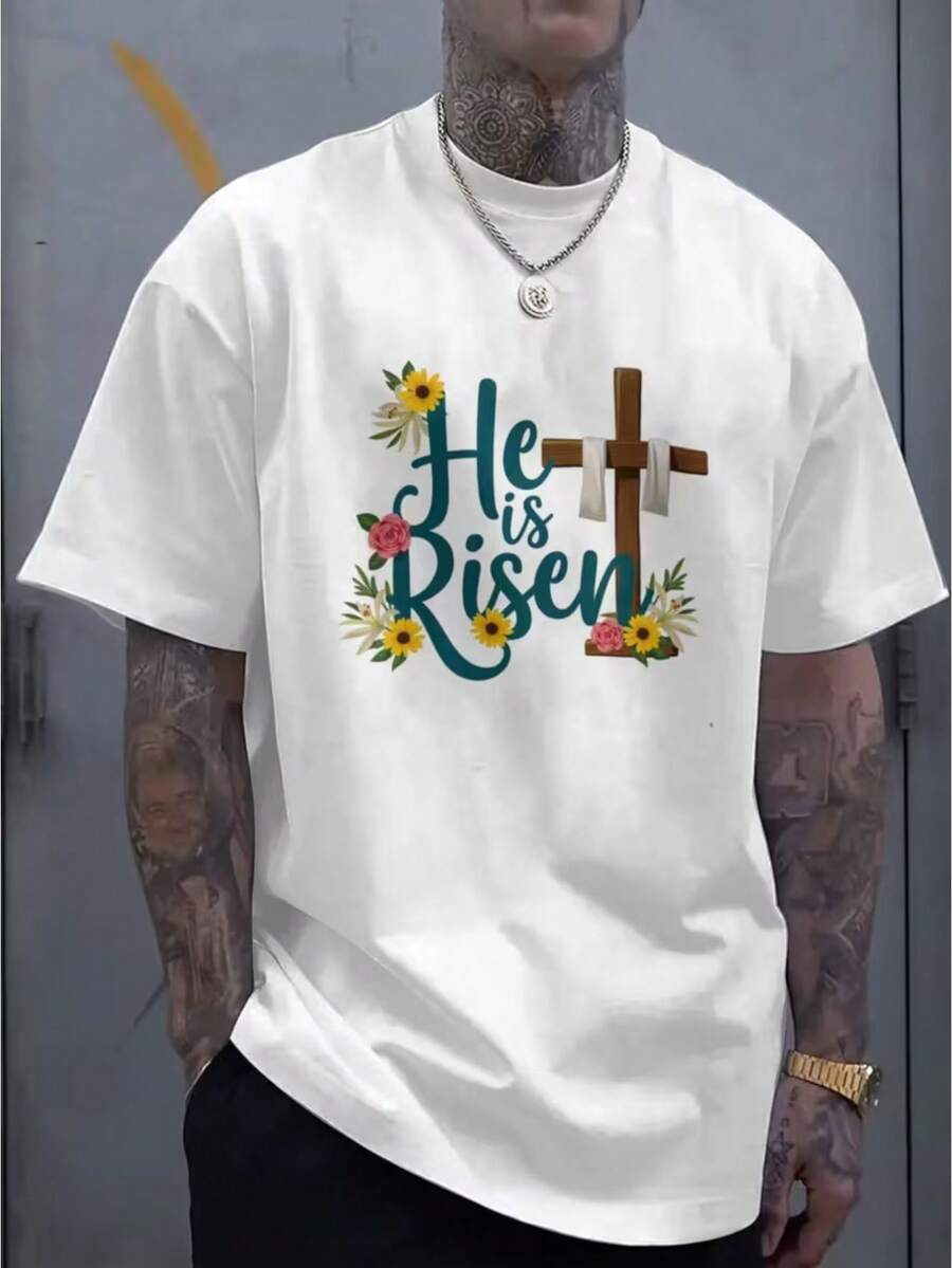 T-shirt à imprimé floral et croix de Pâques DXZ302 pour homme, col rond, manches courtes, style décontracté - Blanc - Voir 1