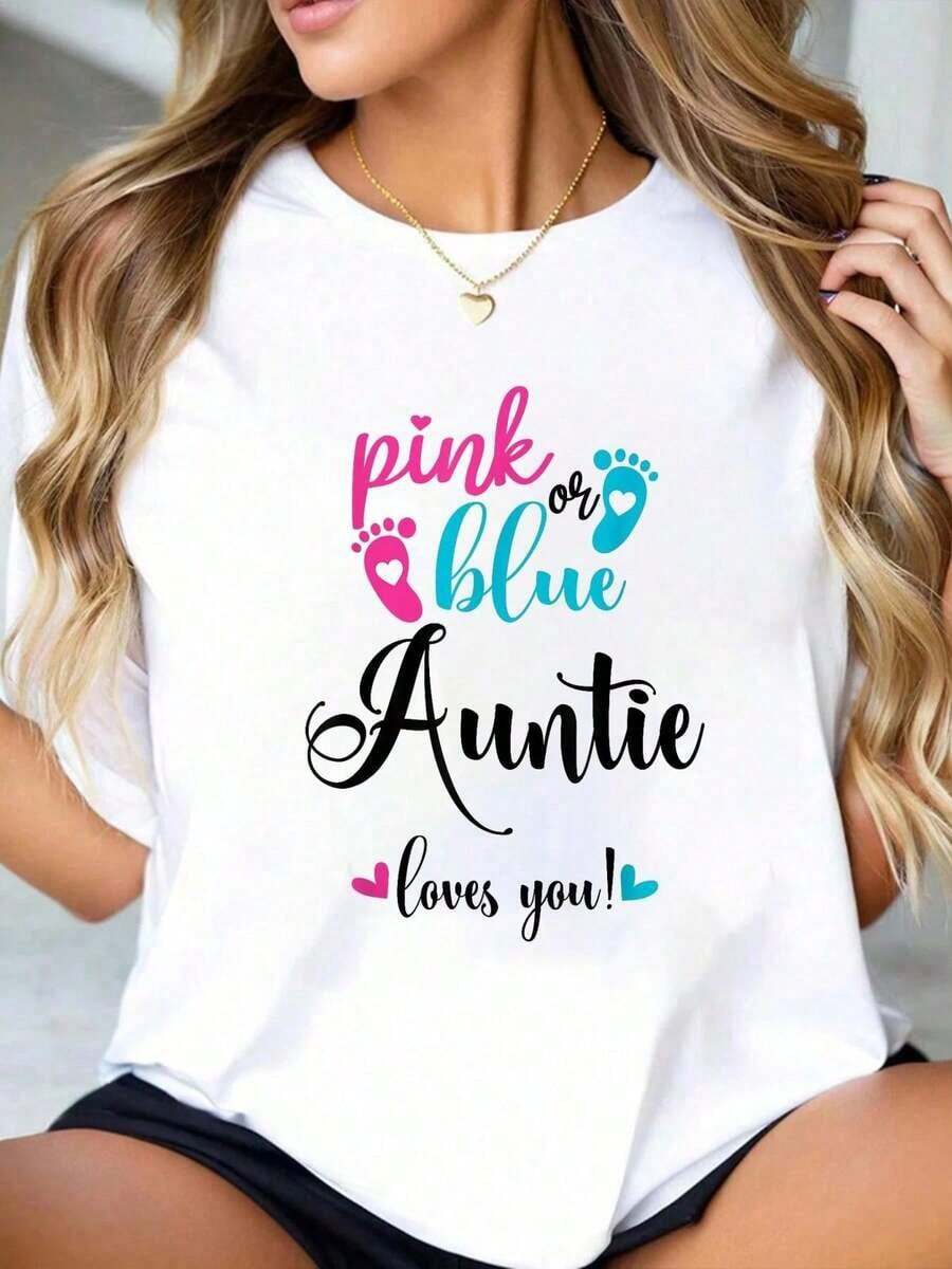 Camiseta de manga corta con estampado gráfico de género "Tía te ama" rosa o azul - Blanco - Ver 1