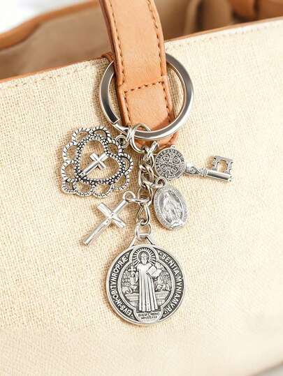 1pc Religious Novelty Keychain | Saint Benedict And Mary Cross Keychain With Multiple Accessories, Prayer Protection Charm For Bag And Phone Decoration, Exquisite Creative Gift
