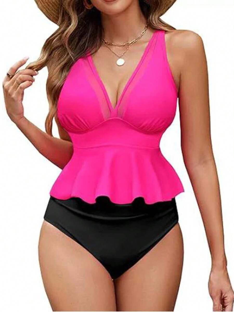 Women's Tankini Swimsuits Ruffled Hem V Neck Sleeveless Tops With Thongs 2 Pcs Set Bathing Suit - Hot Pink - View 1