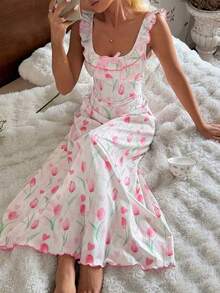 Summer New Sweet Tulip Print Sleeveless Nightgown, Ruffled Bow Design, Breathable Comfortable Long Dress, Popular Girly Homewear - White - View 4