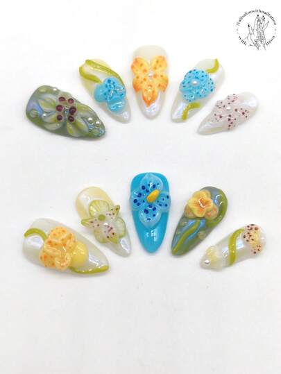 10 Pieces Of Pure Hand-Pressed Wearable Nail, 25mm Long Almond-Shaped Nail, Green Nail, Blue Nail, Beige Nail, Raised Green Branches And Yellow Petals, Blue Flowers, And Other Raised Flowers Of Various Colors. Cute Nail Piece, Spring Nail Piece.