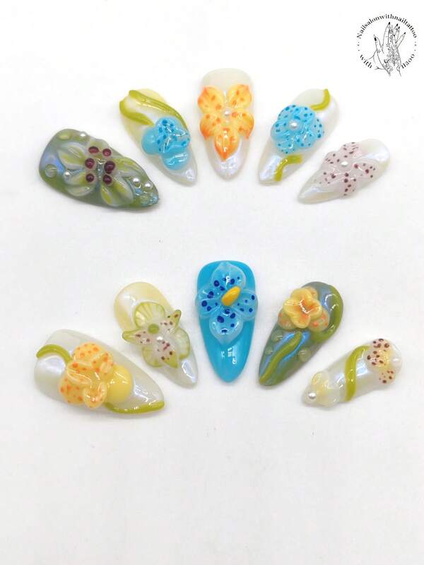 10 Pieces Of Pure Hand-Pressed Wearable Nail, 25mm Long Almond-Shaped Nail, Green Nail, Blue Nail, Beige Nail, Raised Green Branches And Yellow Petals, Blue Flowers, And Other Raised Flowers Of Various Colors. Cute Nail Piece, Spring Nail Piece.