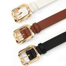 1pc Gold Square Buckle Women's Belt, Fashionable & Luxurious For Daily Wear With Dresses, T-Shirts, Casual Pants - Coffee - View 5