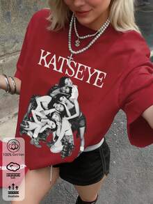 Áo thun nữ 100% cotton, áo thun họa tiết KATSEYE, trang phục thể thao mùa xuân/hè mới cho mọi mùa, kiểu dáng thời trang, mềm mại và thoáng khí, tay ngắn. - Đỏ - Xem 1