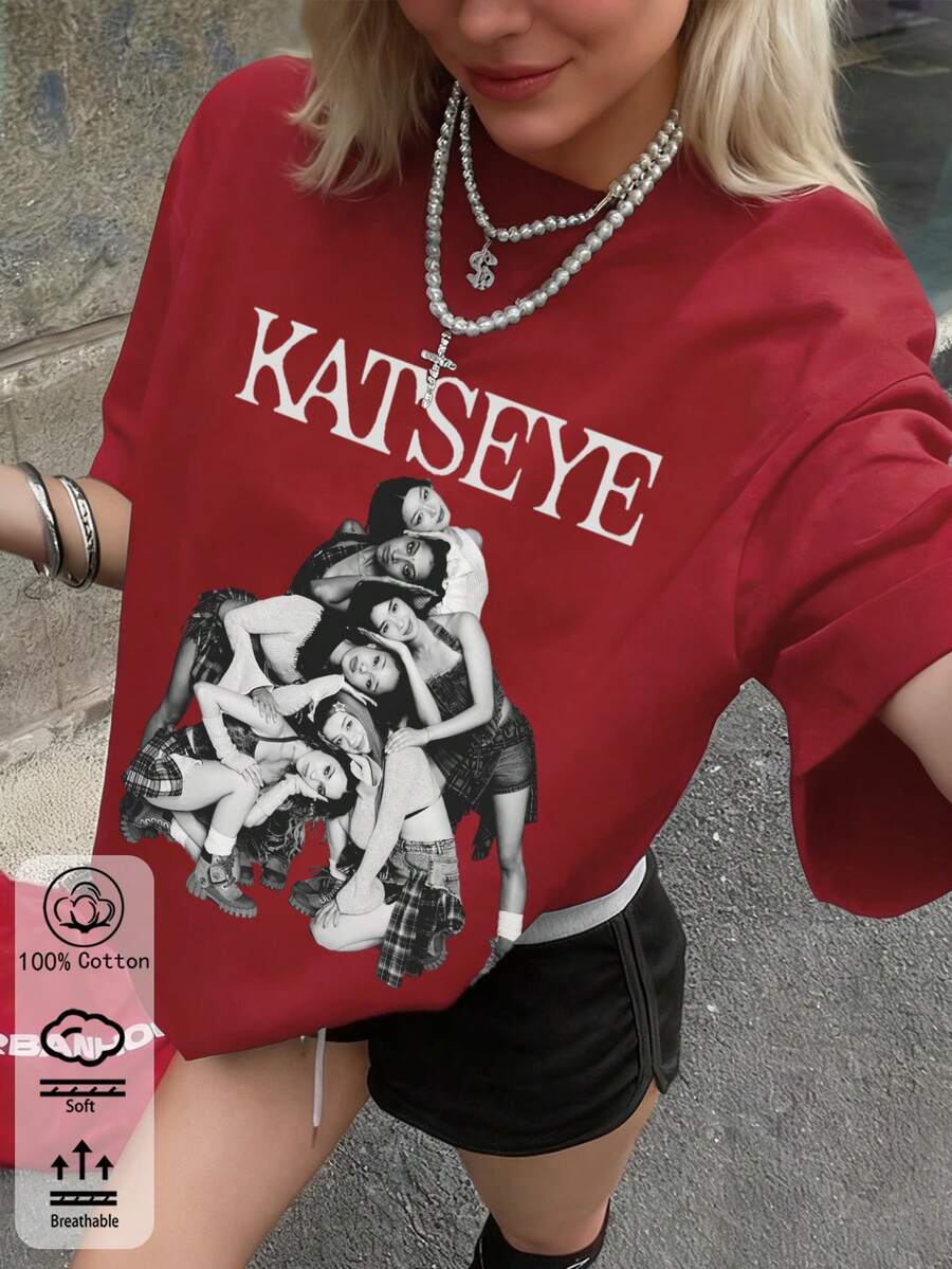 Áo thun nữ 100% cotton, áo thun họa tiết KATSEYE, trang phục thể thao mùa xuân/hè mới cho mọi mùa, kiểu dáng thời trang, mềm mại và thoáng khí, tay ngắn. - Đỏ - Xem 1