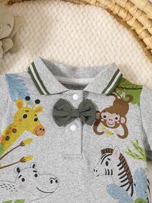 H HIBOBI 2 piezas Conjunto de niño estilo caballero, Mono de polo con estampado de animales de la selva gris + Pantalones cortos con tirantes y corbata de moño verde oscuro, Adecuado para bebés de 0 a 12 meses para fiesta de cumpleaños - Gris - Ver 4