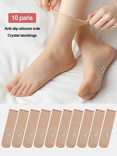 10 paires de collants transparents en soie de verre ultra-fins avec des points en silicone antidérapants. Bas invisibles en cristal durable anti-accroc, bas en fil d'acier 5D sans couture, bas courts invisibles en soie de glace ultra-fins, chaussettes de masque facial, bas à points en cristal antidérapants.