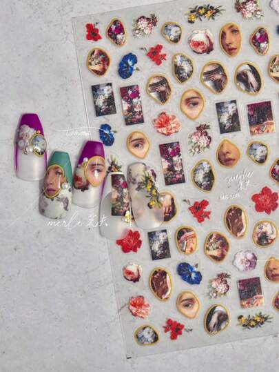 1 片复古油画图案美甲贴纸，轻薄耐用，自粘性强，复古 3D 立体美甲贴纸，DIY 美甲配件