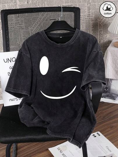 Es Trus Algodón, Camiseta de mujer de verano con estampado divertido de "Cara sonriente" en estilo Hip-Hop personalizado, de estilo coreano, cómoda y retro, básica y versátil, ropa de mujer Y2k adecuada para ocio al aire libre. Camiseta negra holgada de cuello redondo de manga corta, de estilo punk, de talla grande y lavada