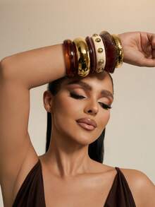 1pc Thick Resin Bangle, Women Layered Thick Bangle Set, Brown Acrylic Bracelet Cuff, Basic Daily Wear Jewelry Accessory - Multicolor - View 3