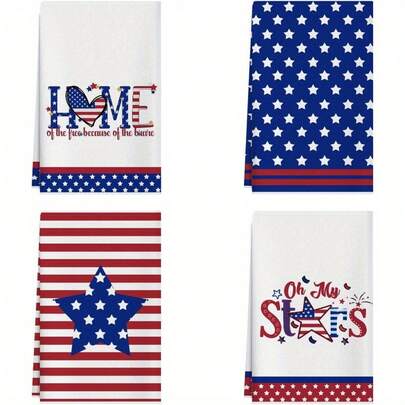 4pcs Patriotic American Flag Kitchen Towels Set  Red White & Blue Stripes With Stars, Fireworks & Home Sweet Land Of The Free Design, Durable Polyester Dishcloths & Hand Towels For 4th Of July, Memorial Day Decorations