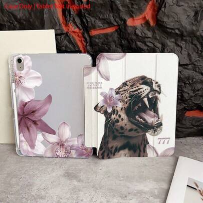 Fierce Animals 1pc Leopard Print & Pink Floral Protective Tablet Case - Suitable For Women Pursuing Avant-Garde Style And Contrasting Aesthetics, With Pen Slot