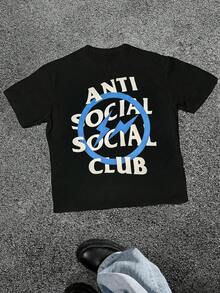 Lightning Bolt Graphic Print T Shirt Anti Social Club 100% Cotton Streetwear Hip Hop Men's Casual Round Neck Short Sleeve Tee - Black - View 1