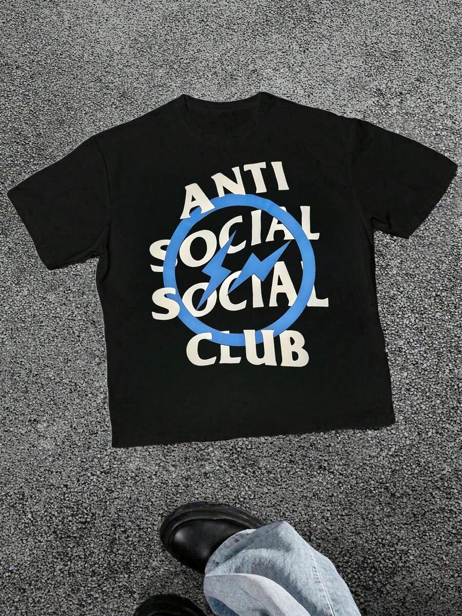 Lightning Bolt Graphic Print T Shirt Anti Social Club 100% Cotton Streetwear Hip Hop Men's Casual Round Neck Short Sleeve Tee - Black - View 1