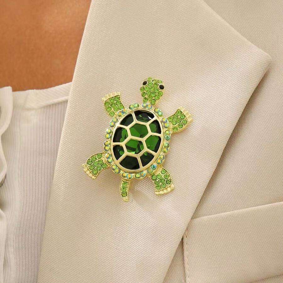 1 pieza Broche de tortuga con cristal y strass, accesorio de alfiler de solapa con diseño de animal marino, de aleación de lujo con cristales, adecuado para fiestas y regalos - Verde - Ver 1