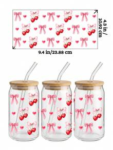 Bộ 4 miếng dán chuyển nhiệt UV DTF cho cốc thủy tinh 16oz (9.4x4.3 inch), không cần nhiệt, họa tiết nơ hồng dễ thương, trái tim anh đào, phong cách tươi mới, chống thấm nước, tự dính, thích hợp cho cốc Libbey, quà tặng DIY cho bé gái. - Coquette 01 - Xem 3