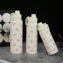 1個 600ml/800ml/1000ml 蝴蝶結&愛心防漏真空保溫瓶 304不鏽鋼太空水壺，大容量健身運動戶外旅行車用飲水瓶 - 米色 - 查看 5