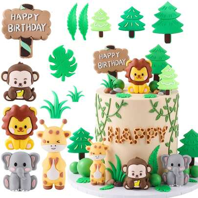 13pcs Hunting Animal Cake Decorations, Jungle Theme Birthday Party Decor, Including Lion, Elephant, Giraffe, Monkey, Animal Themed Birthday Party Supplies, Combining Animal Figures And Natural Forest Elements To Easily Create A Jungle Party Atmosphere, Suitable For Birthday Parties, Animal Themed Birthdays, Jungle Themed Parties, Zoo Birthdays And Wildlife Parties