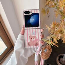 Cute Cartoon Striped Bear Folding Phone Case With Lanyard, Suitable For Samsung Galaxy Z Flip3 5G/Galaxy Z Flip 4 5G/Galaxy Z Flip 5 5G/Galaxy Z Flip 6 5G/Galaxy Z Flip 7 5G, Girly Folding Screen Protective Case - Multicolor - View 1