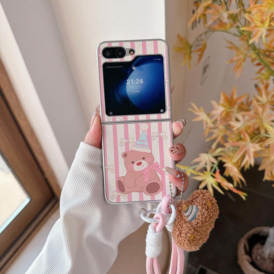 Cute Cartoon Striped Bear Folding Phone Case With Lanyard, Suitable For Samsung Galaxy Z Flip3 5G/Galaxy Z Flip 4 5G/Galaxy Z Flip 5 5G/Galaxy Z Flip 6 5G/Galaxy Z Flip 7 5G, Girly Folding Screen Protective Case - Multicolor - View 1
