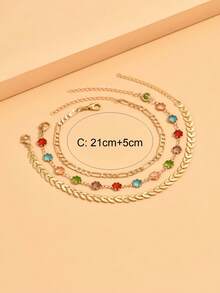 Set de 3 piezas de tobillera con cadena en forma de V y cristales, joyería de moda para pies con estilo bohemio para playa y vacaciones para niñas - Multicolor - Ver 4