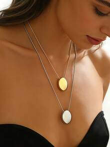 1件优雅双色金属圆盘双层项链，简约风格叠戴颈链，约会完美之选 - 金黃色+銀色 - 查看 4