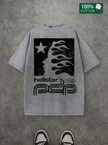 Men's "Hell Star" Washed T-Shirt - Extra Large Flame Star Pattern Street Style - Xám - Xem 2