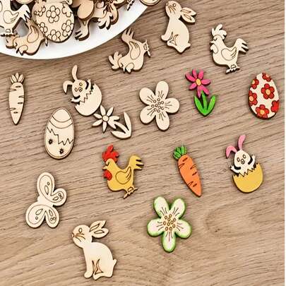 50pcs Unfinished Wooden Easter DIY Decorations - Rabbit Egg & Flower Shaped Wooden Hanging Ornaments, Suitable For Spring And Easter Parties