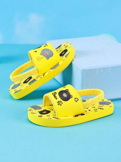 1双可爱男婴休闲时尚柔软黄色小熊蜜蜂图案凉鞋，舒适轻便室内/室外沙滩拖鞋
