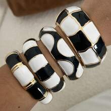1 pieza Brazalete versátil de esmalte de goteo retro, brazalete de cuadros blanco y negro de moda - Blanco y Negro - Ver 4