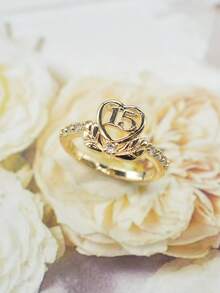 1枚时尚优雅女士铜戒指，刻有数字15，心形设计，镶嵌合成锆石，适合日常佩戴、派对、宴会、生日及成人礼物。 - 金色 - 查看 1