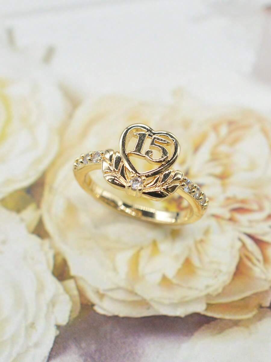 1枚时尚优雅女士铜戒指，刻有数字15，心形设计，镶嵌合成锆石，适合日常佩戴、派对、宴会、生日及成人礼物。 - 金色 - 查看 1
