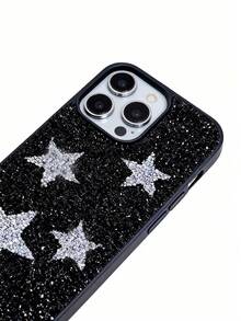 1pc Black Solid Color Rhinestone Star 2-In-1 Lens Hole Phone Protective Case Suitable For 17, 16, 15 Pro Max, 14, 13, 12, 11 Series, Rhinestone Star Pattern, Minimalist & Fashionable Phone Case - Silver - View 7