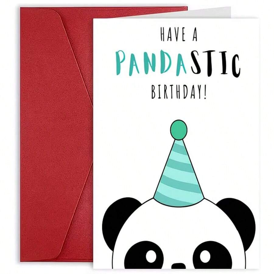 熊猫主题生日贺卡，含信封和生日礼物
