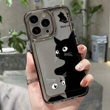 1pc Cute Cartoon Black Cat Space Phone Case, Suitable For IPhone 17 16 15 14 13 12 11 ProMax AIR XS XR X, Transparent Protective Cover - Translucent Black Space Shell Cat - View 2