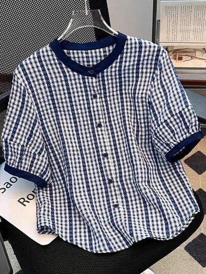 女士休闲格子纽扣衬衫，夏季