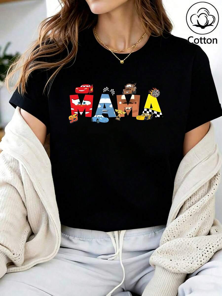 Disney Loose Edition "Cars" Themed "MAMA" Letter Creative Printed T-Shirt, Suitable For Summer And Spring, Short Sleeved Tops, Women's Clothing, Holiday Gift Party Clothing. - 黑色 - 查看 1