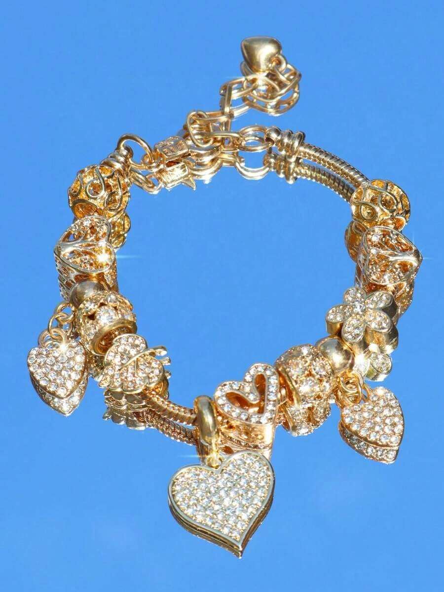 Heart & Flower Charm Bracelet Classic Heart Bracelet Heart Tree Of Life Bracelet Fashionable Golden Heart Bracelet Women - 粉色 - 查看 1