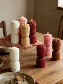 优雅3D立体花卉造型大豆蜡烛 - 罗纹设计，多色香氛蜡烛套装，浪漫家居装饰及女士礼物 - 1PC - 查看 3