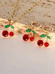 Juego de 3 piezas de pendiente y collar elegante con diamante rojo incrustado en forma de cereza, de moda y versátil - cereza - Ver 2