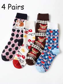 2/4 Pairs Random Women Socks, Cute Bear, Contrast Diamond Pattern, Heart Cherry, School Style Mid-Calf - Multicolor - View 8