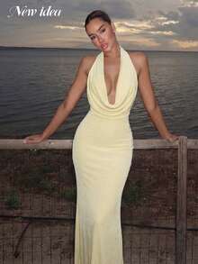Women's Sexy & Elegant Light Yellow Spaghetti Strap Dress, Deep V-Neck Low Back Fitted Long Gown For Resort, Evening Party - Yellow - View 4